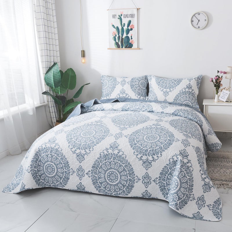 Travan 3-Piece Quilt Set Quilted Bedspread Lightweight Coverlet Set Floral Printed Oversized Quilted Bedding Set with Shams for All Season, Blue Floral, Queen Size - Image 2